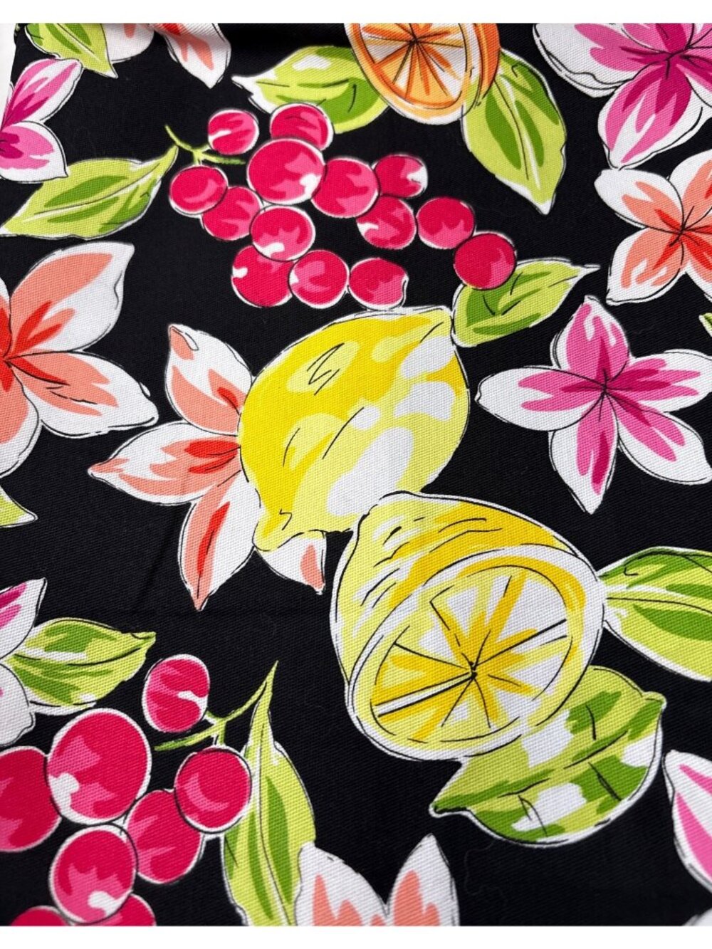Floral Citrus Upholstery Fabric 23" x 40" Black Background Bright Pink Yellow